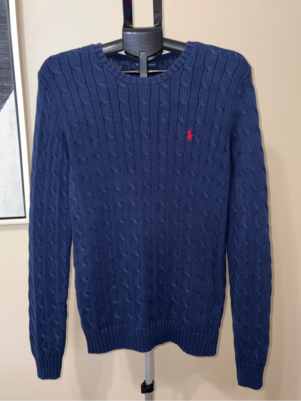 Ralph Lauren Navy Blue Cable Knit Crewneck Sweater Classic Pony Logo Womens XL